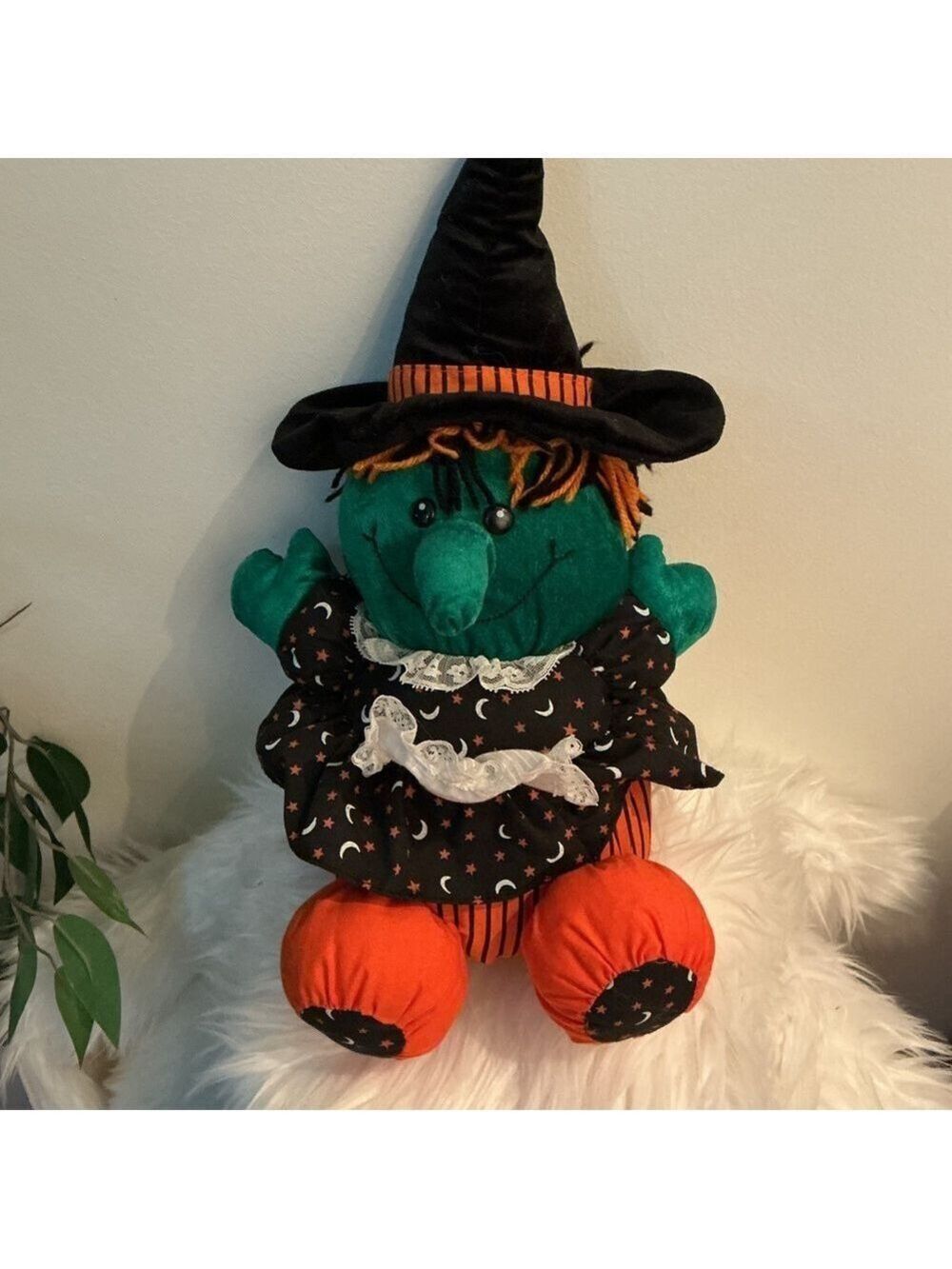 Dandee Halloween Witch Plush Doll 16” Black Hat Green Face Orange Outfit
